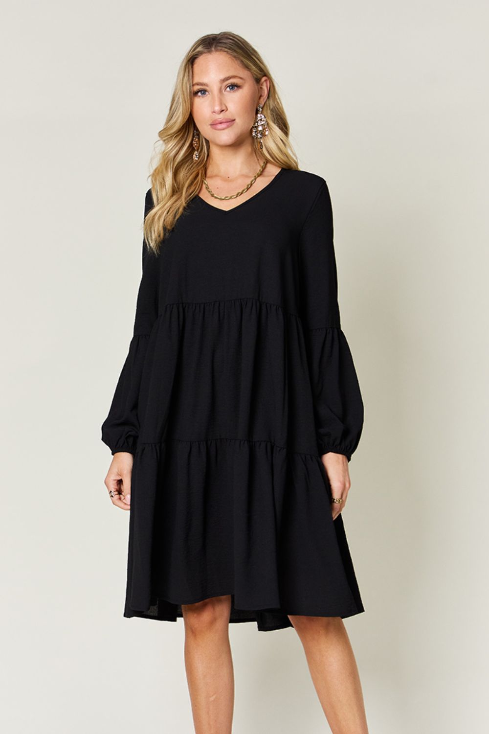 V-Neck Balloon Sleeve Tiered Dress