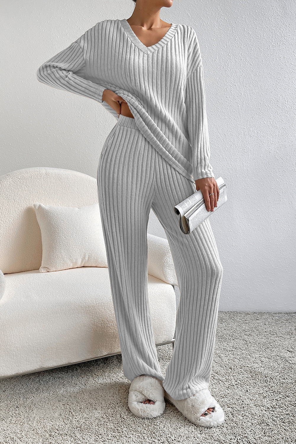 Light Grey Slouchy Ribbed Knit V Neck Top & Pants Loungewear Set