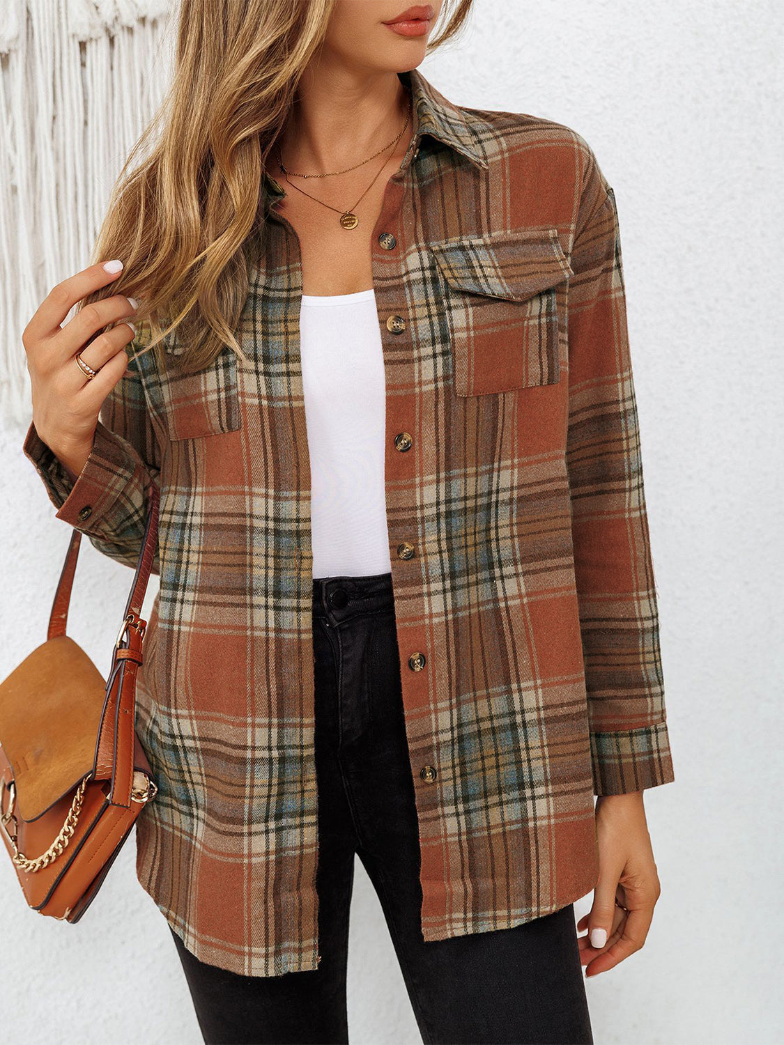 Plaid Collared Neck Button Up Long Sleeve Shirt