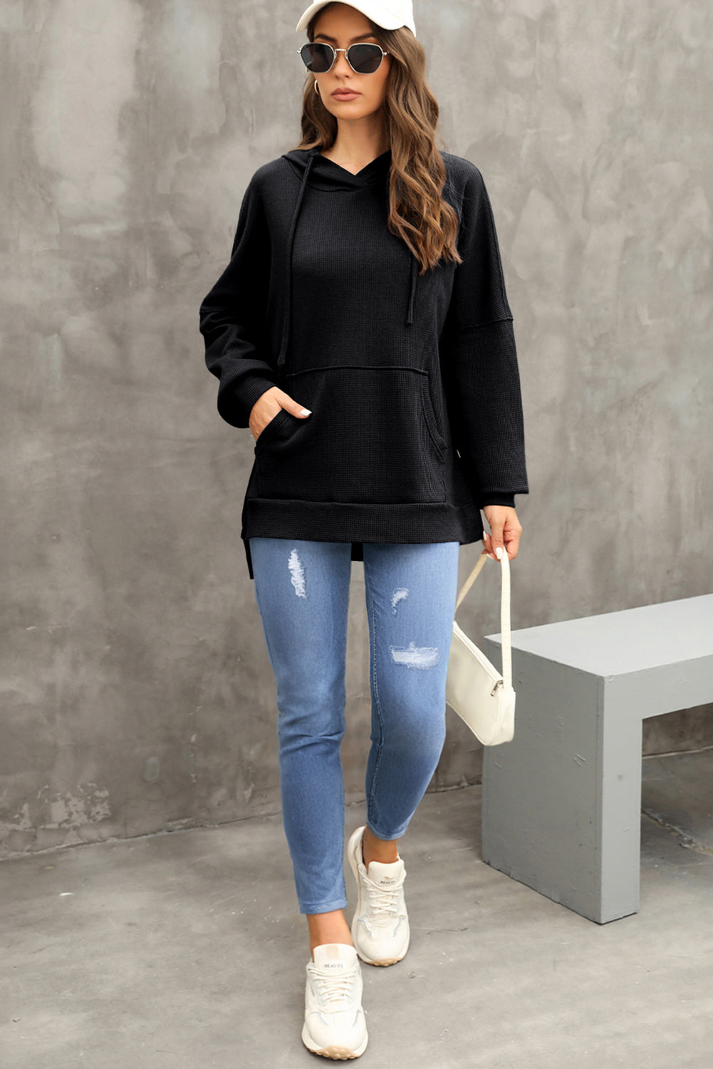 Black Waffle Knit High Low Oversized Hoodie