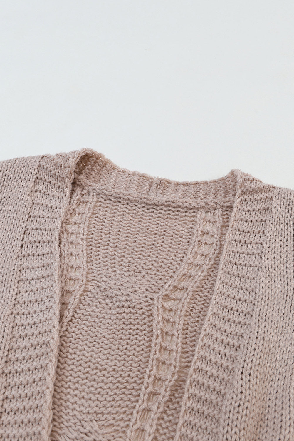 Apricot Ribbed Trim Hollow Knit Side Slits Cardigan