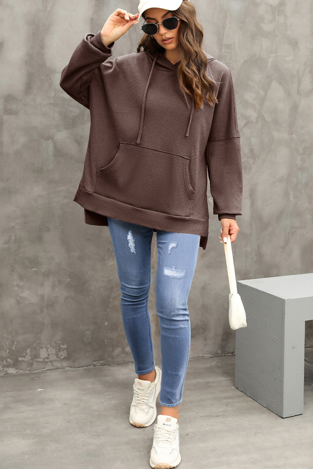 Black Waffle Knit High Low Oversized Hoodie