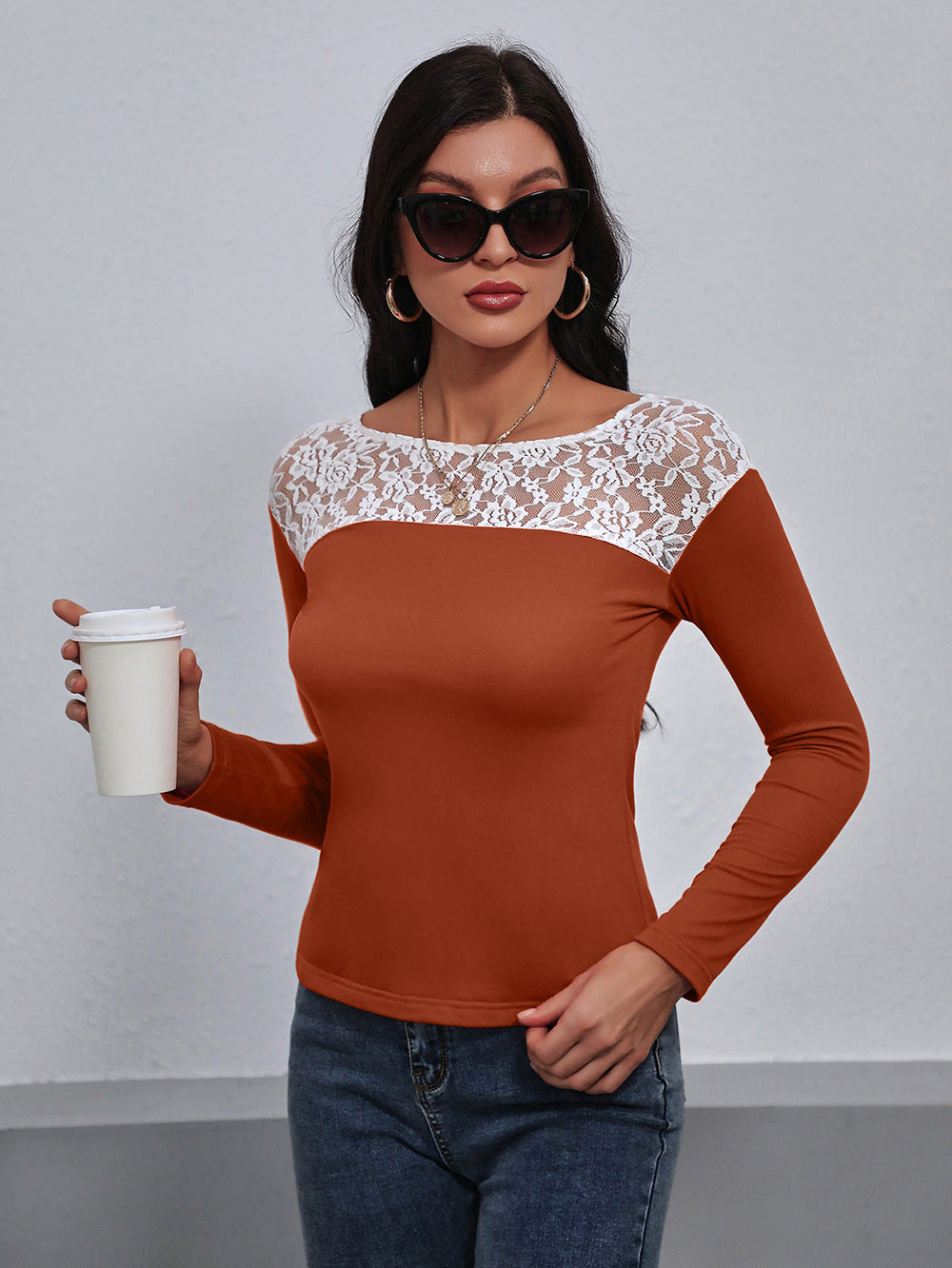 Ivy Lane Lace Trim Long Sleeve Round Neck Tee