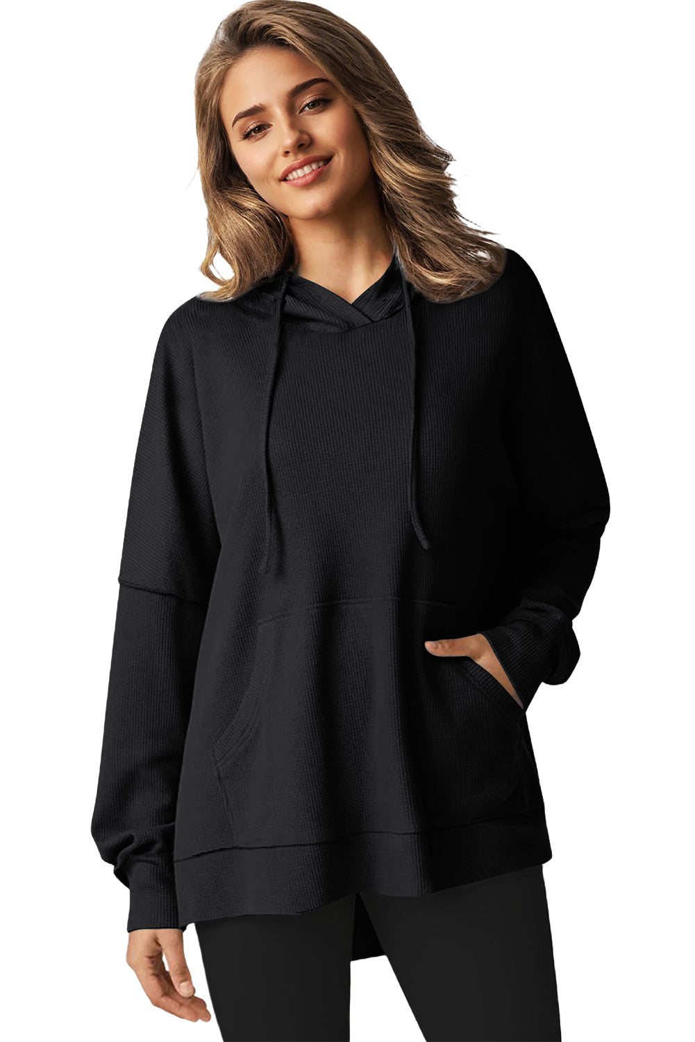 Black Waffle Knit High Low Oversized Hoodie