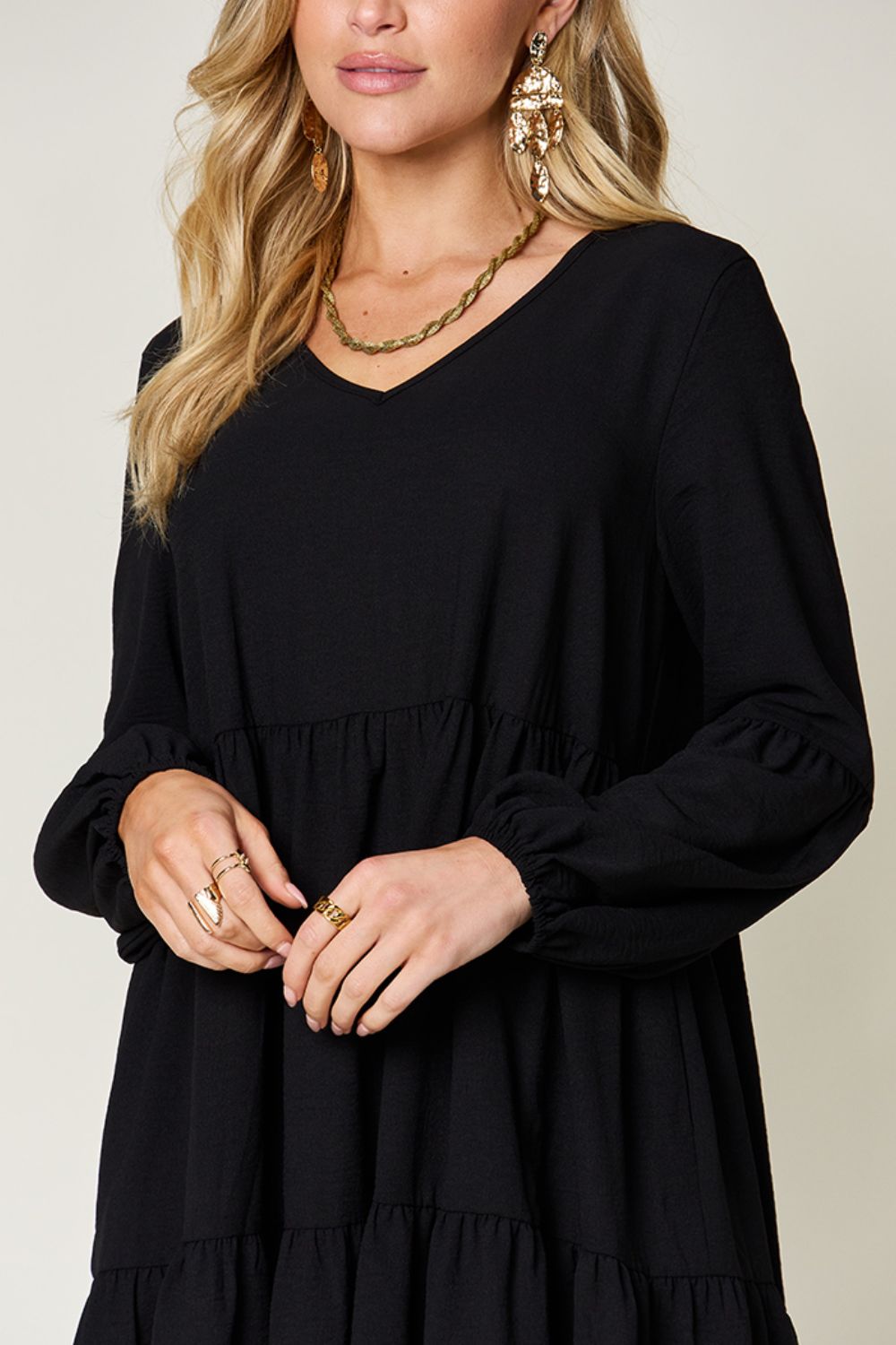 V-Neck Balloon Sleeve Tiered Dress