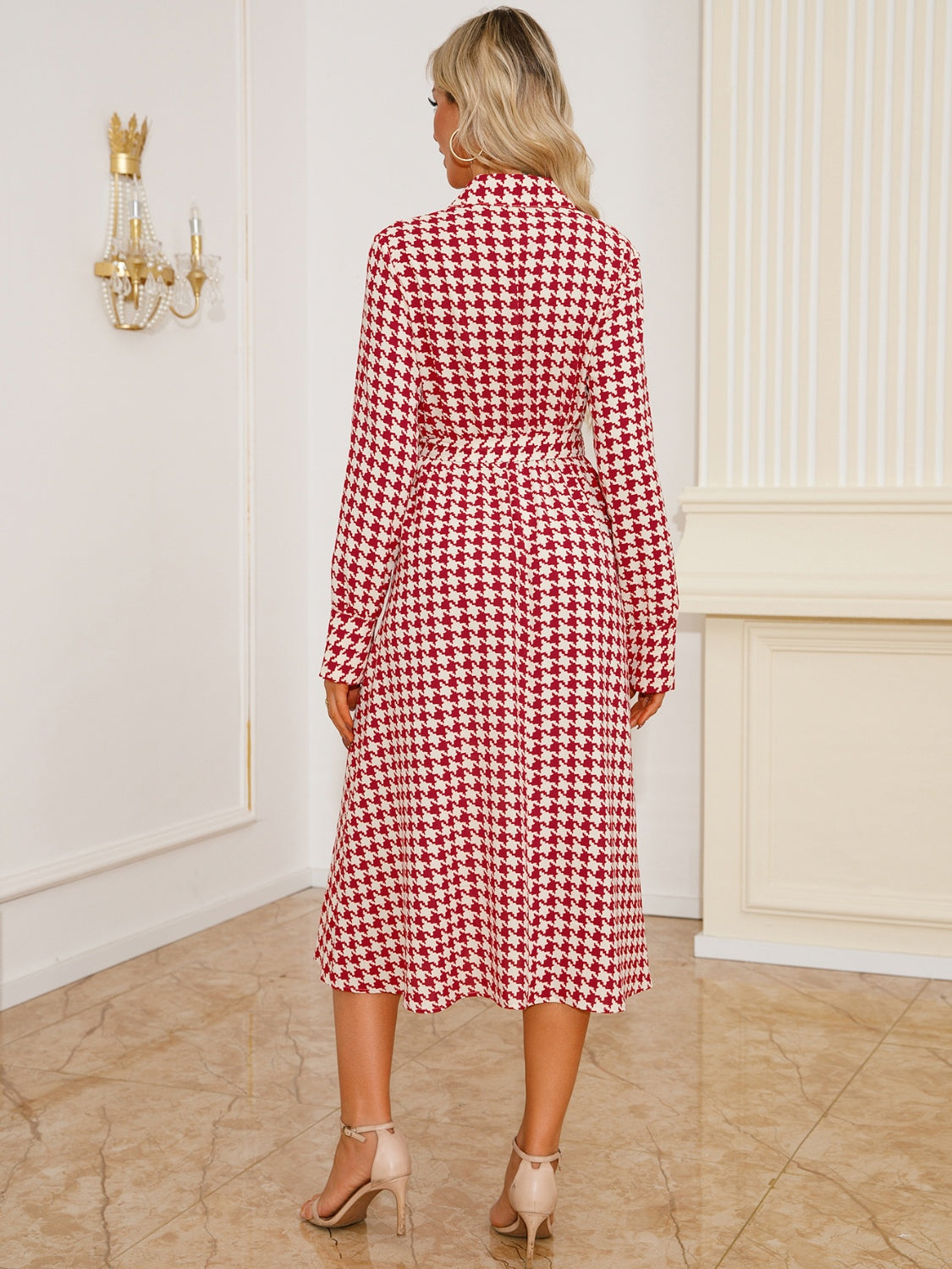 Tied Houndstooth Long Sleeve Midi Dress