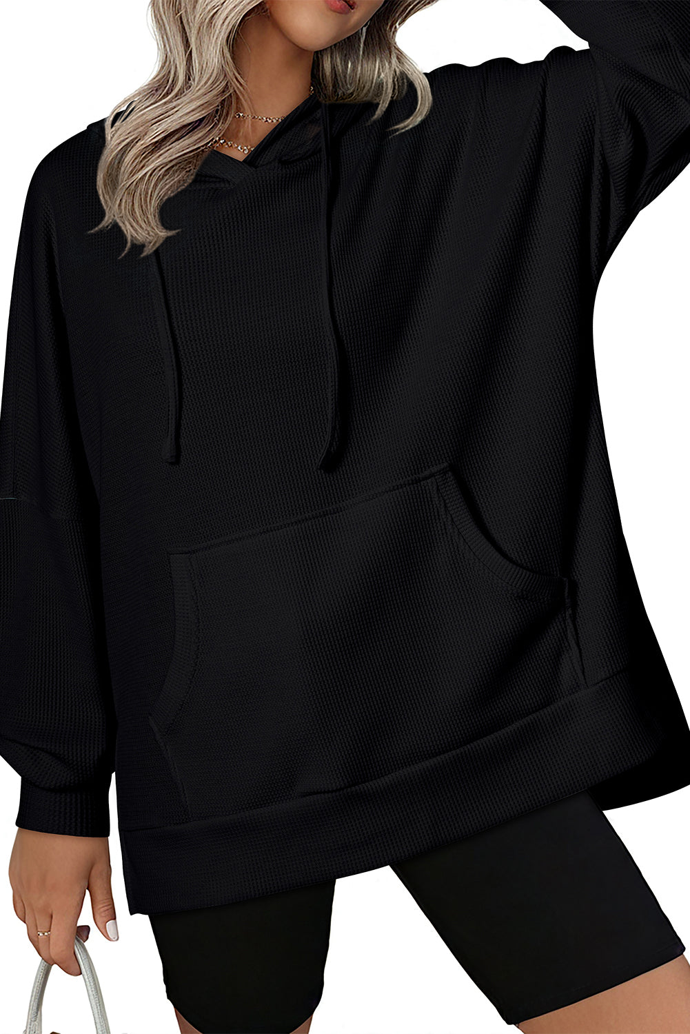 Black Waffle Knit High Low Oversized Hoodie