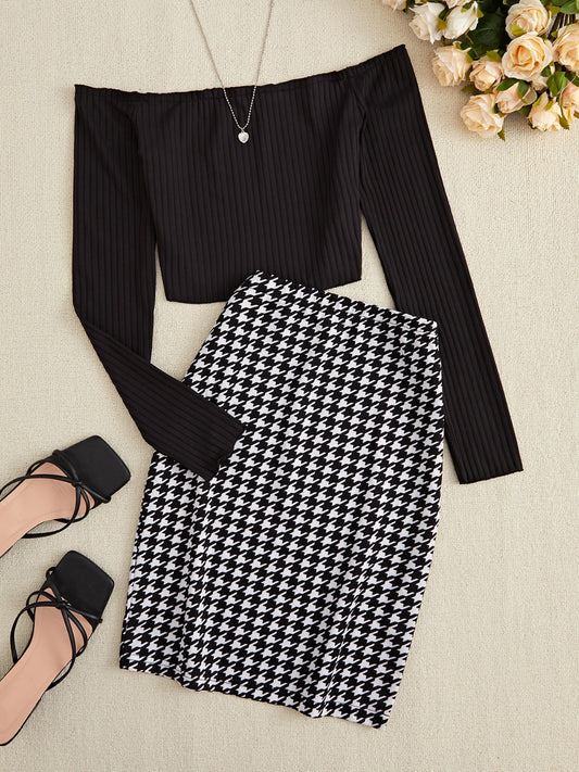 Off-Shoulder Long Sleeve Top and Houndstooth Skirt Set