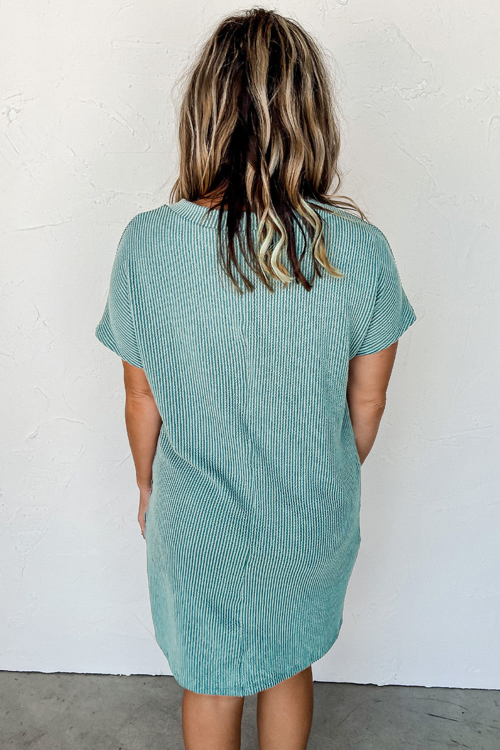 Blue Ribbed Chest Pocket Casual T Shirt Dress