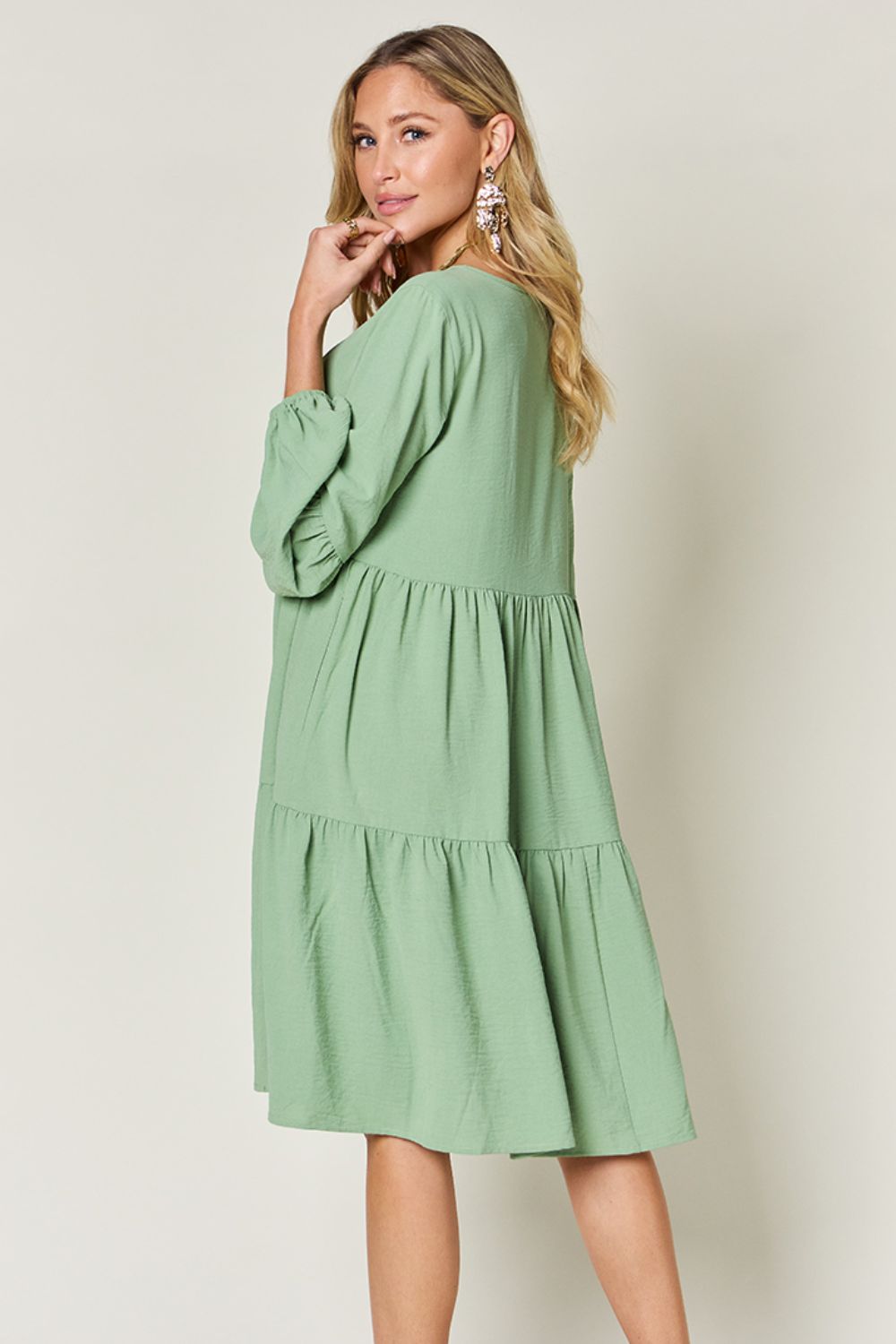 V-Neck Balloon Sleeve Tiered Dress