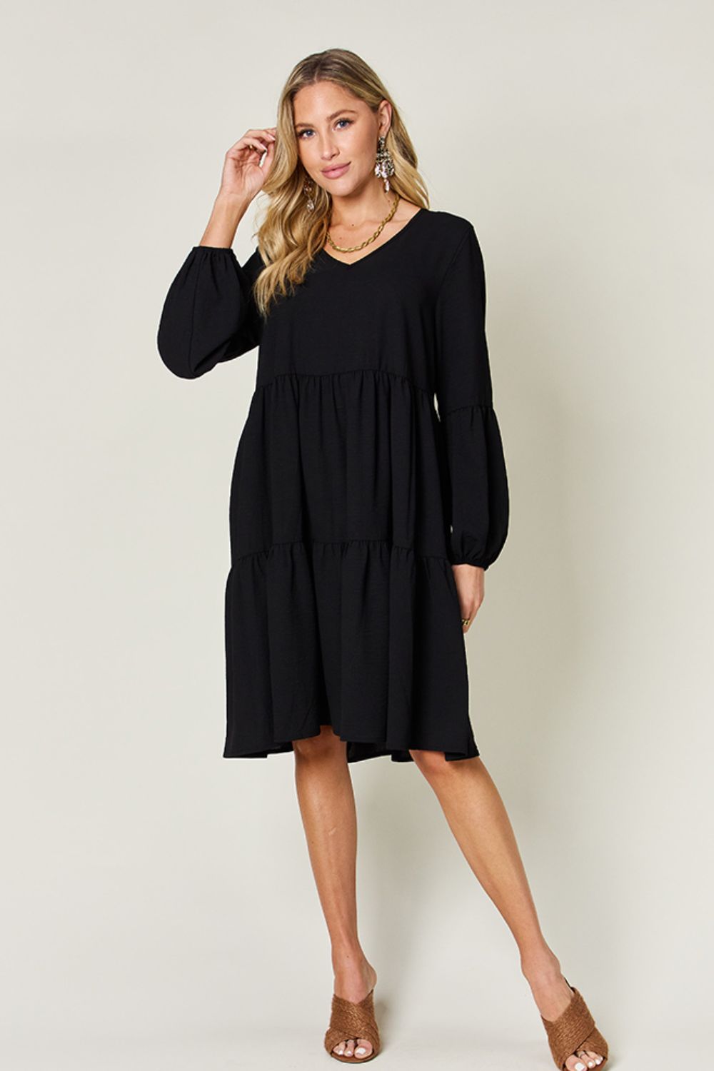 V-Neck Balloon Sleeve Tiered Dress