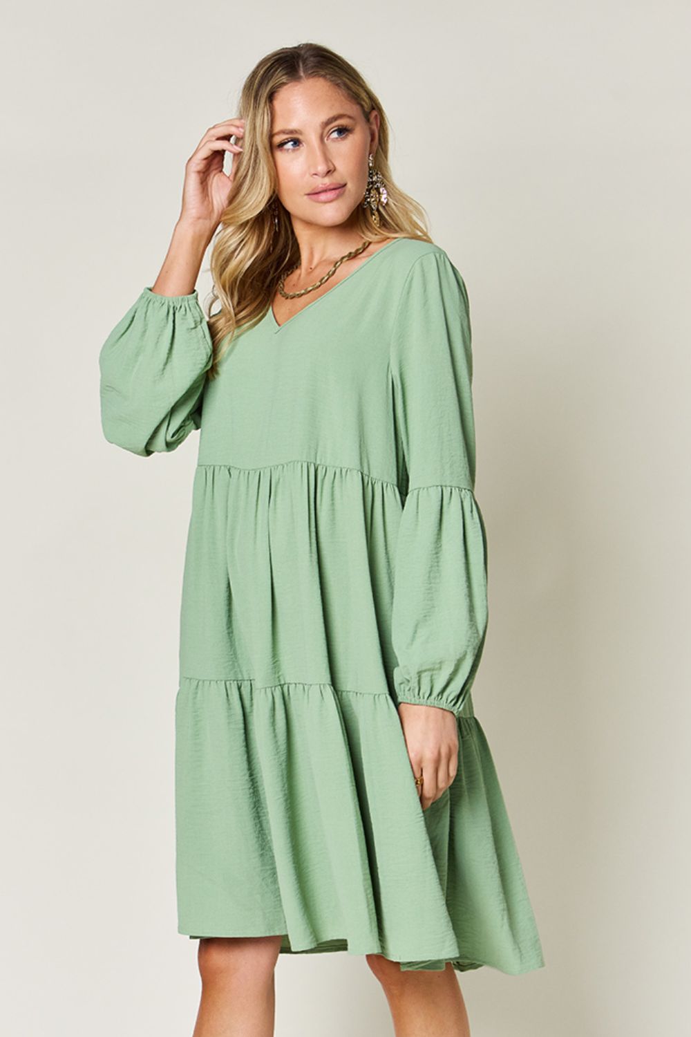 V-Neck Balloon Sleeve Tiered Dress