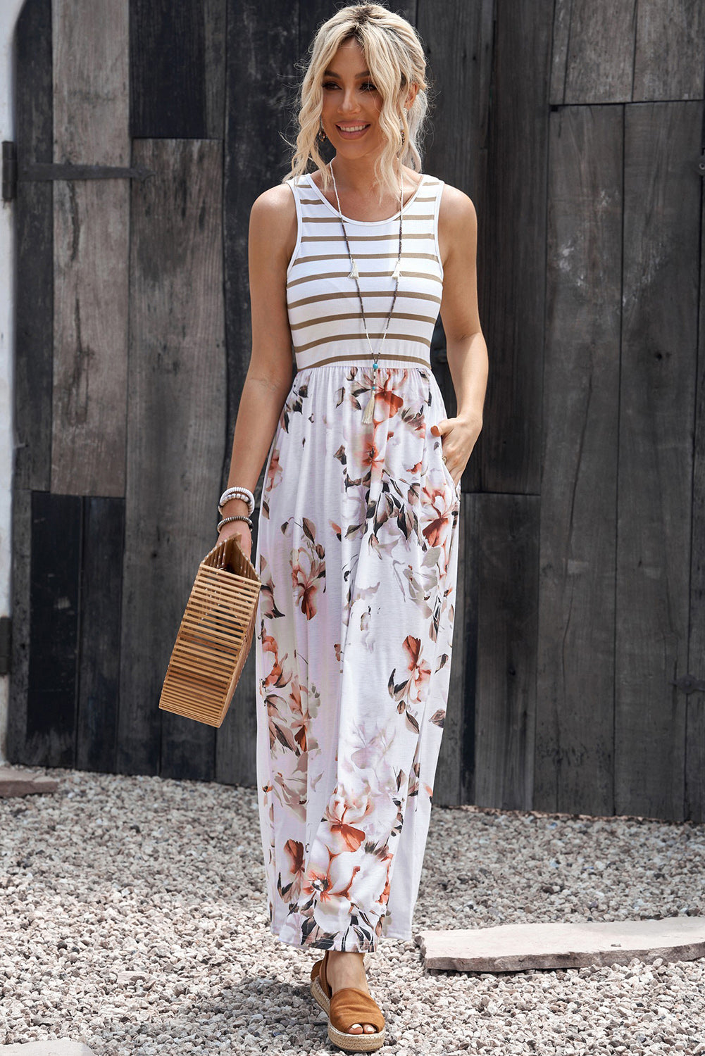 White Boho Stripes & Floral Print Floor Length Tank Dress