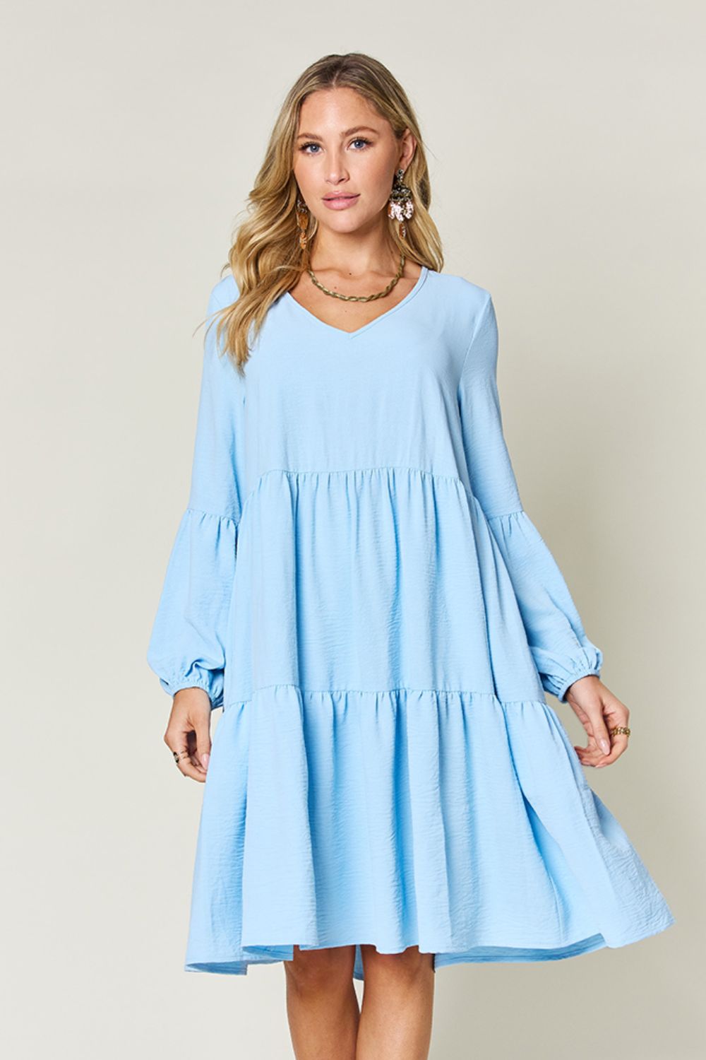 V-Neck Balloon Sleeve Tiered Dress