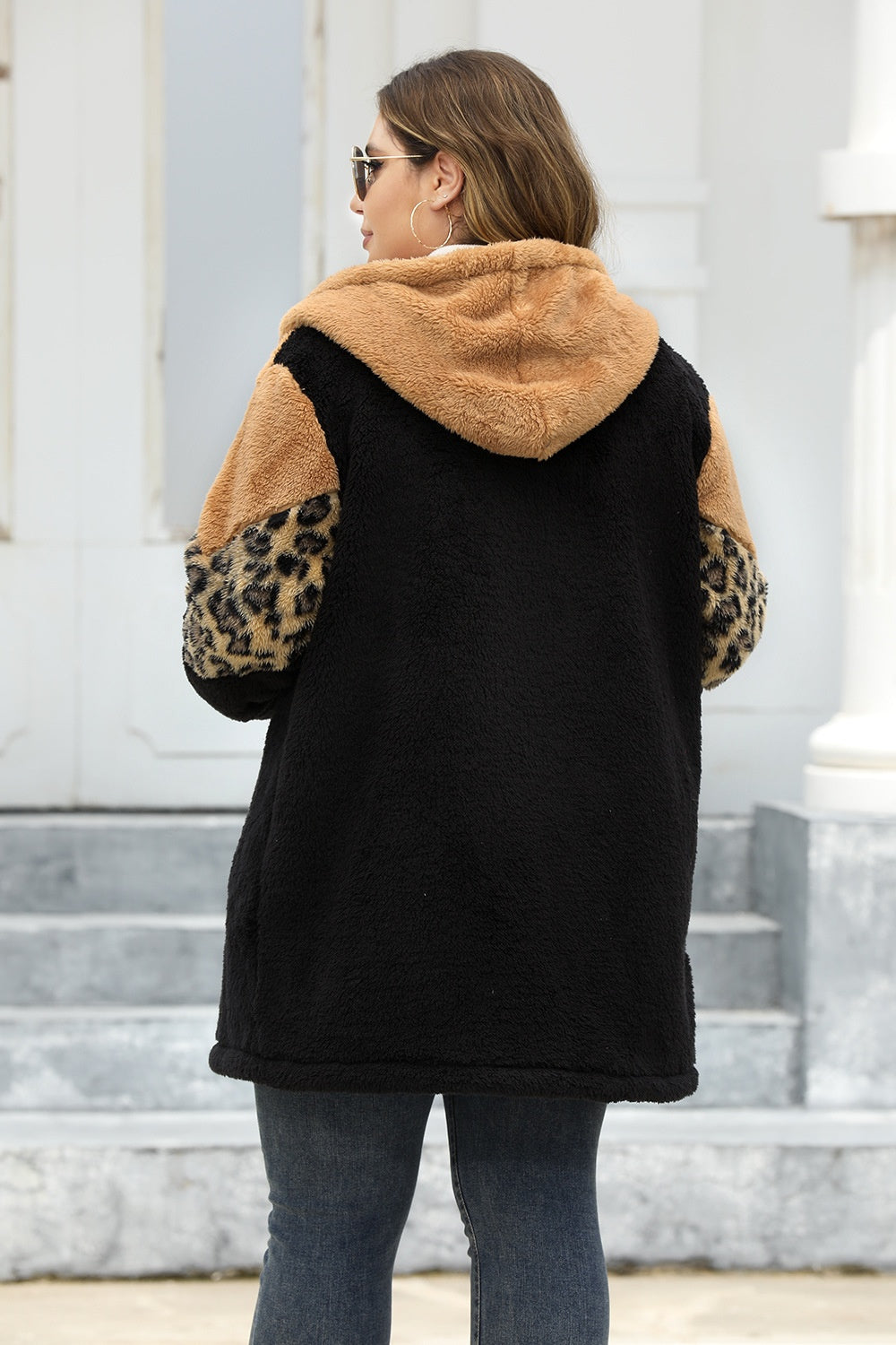 Plus Size Leopard Zip Up Hooded Outerwear