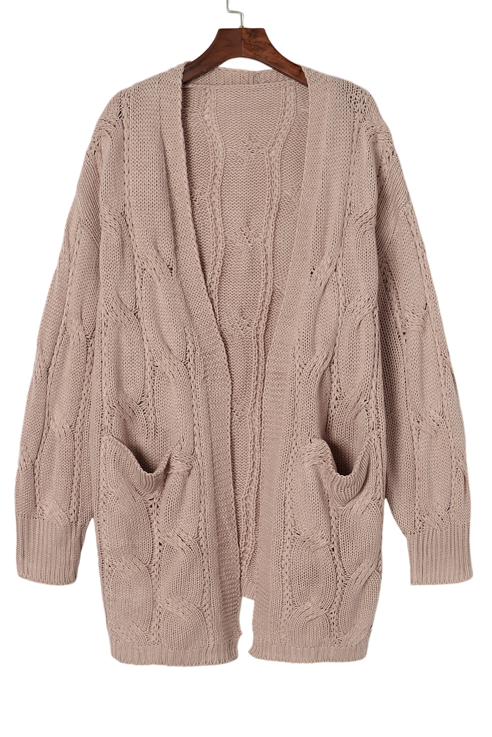 Apricot Ribbed Trim Hollow Knit Side Slits Cardigan