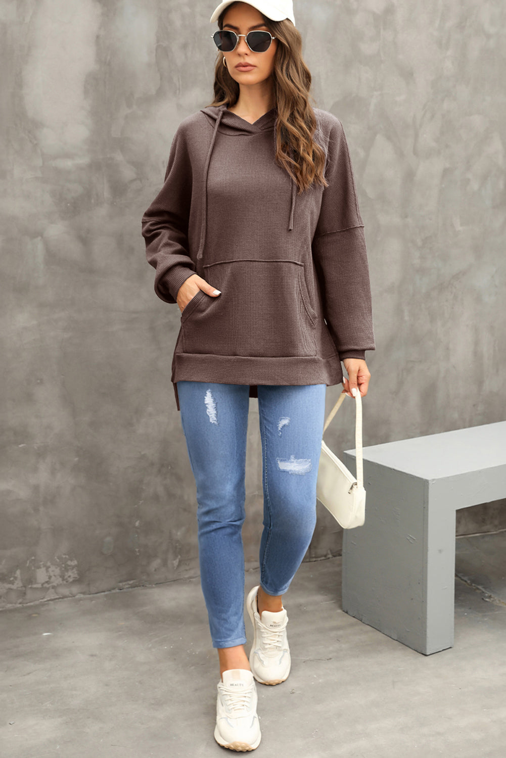 Black Waffle Knit High Low Oversized Hoodie